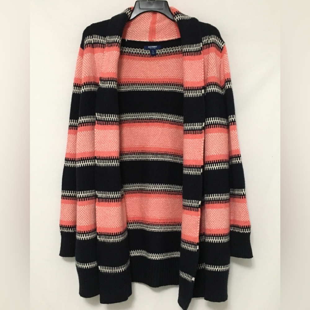 Old Navy Size L Navy Blue & Pink Stripe Open Front Cardigan